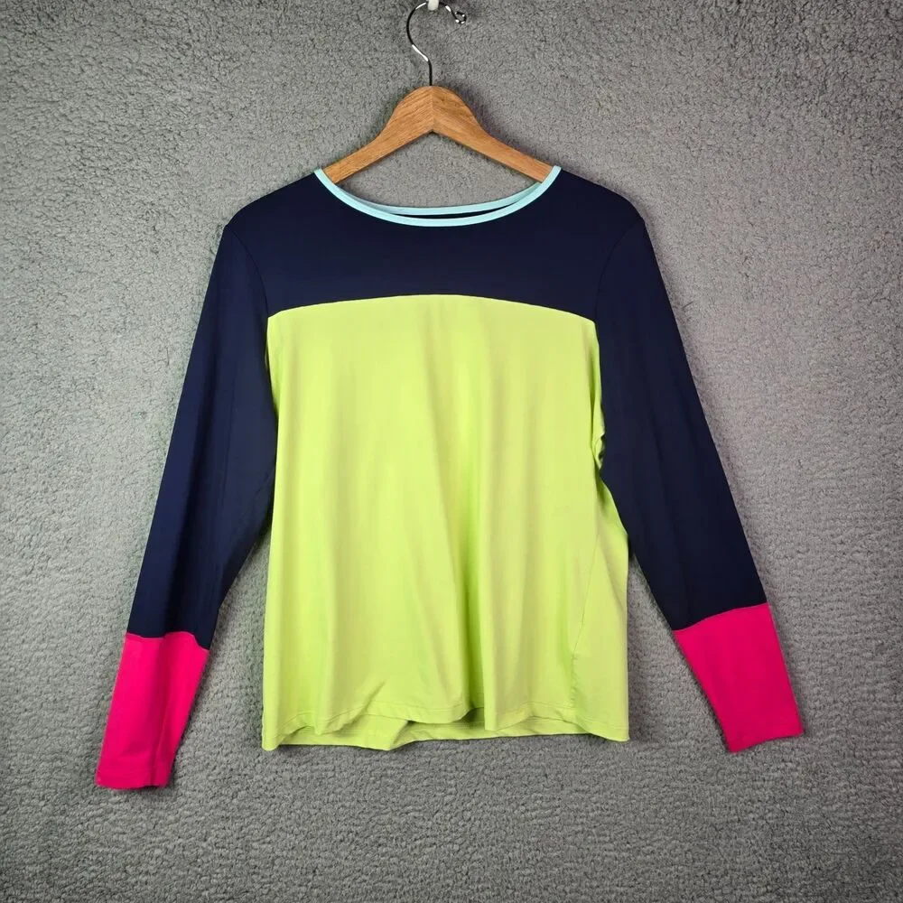Lands End Rash Guard Neon Yellow Navy Pink 12-14 Colorblock Swim Coastal